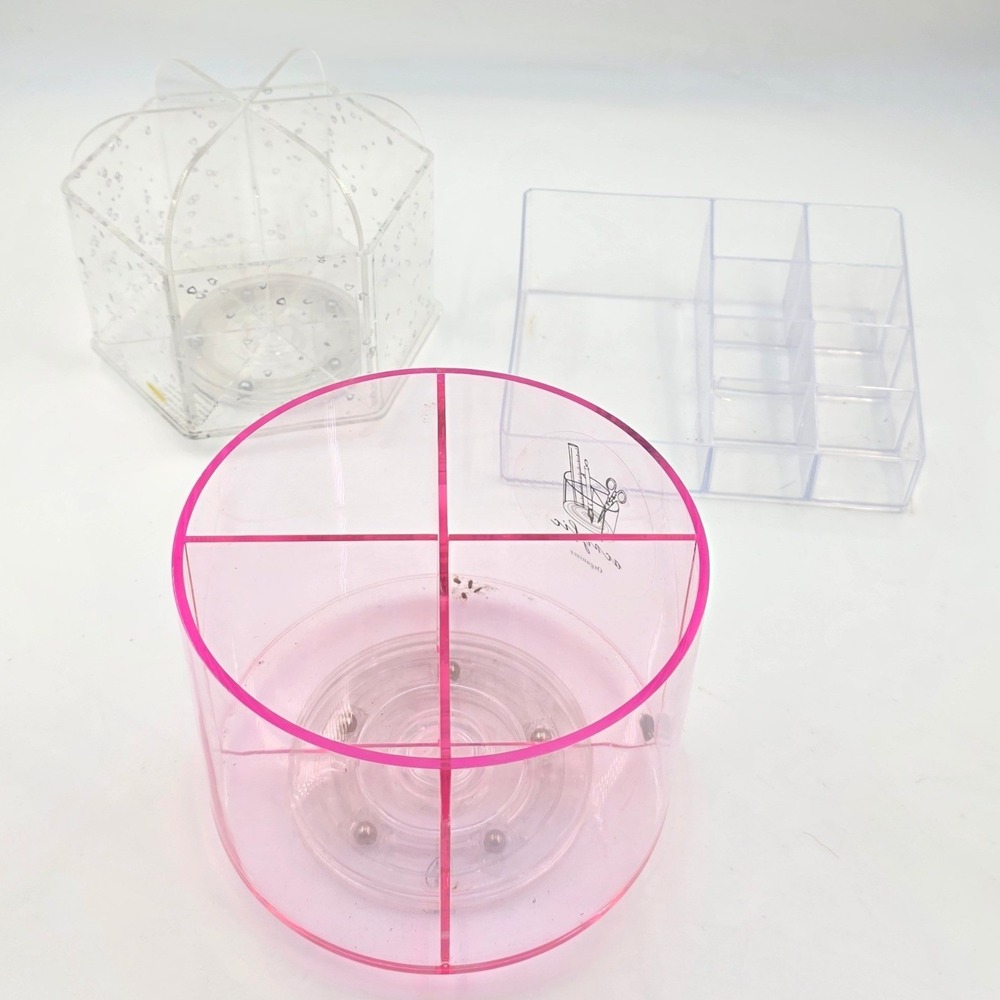 3pc Acrylic Makeup Organizer Set Pink Clear Rotating Carousel Heart Pattern L4